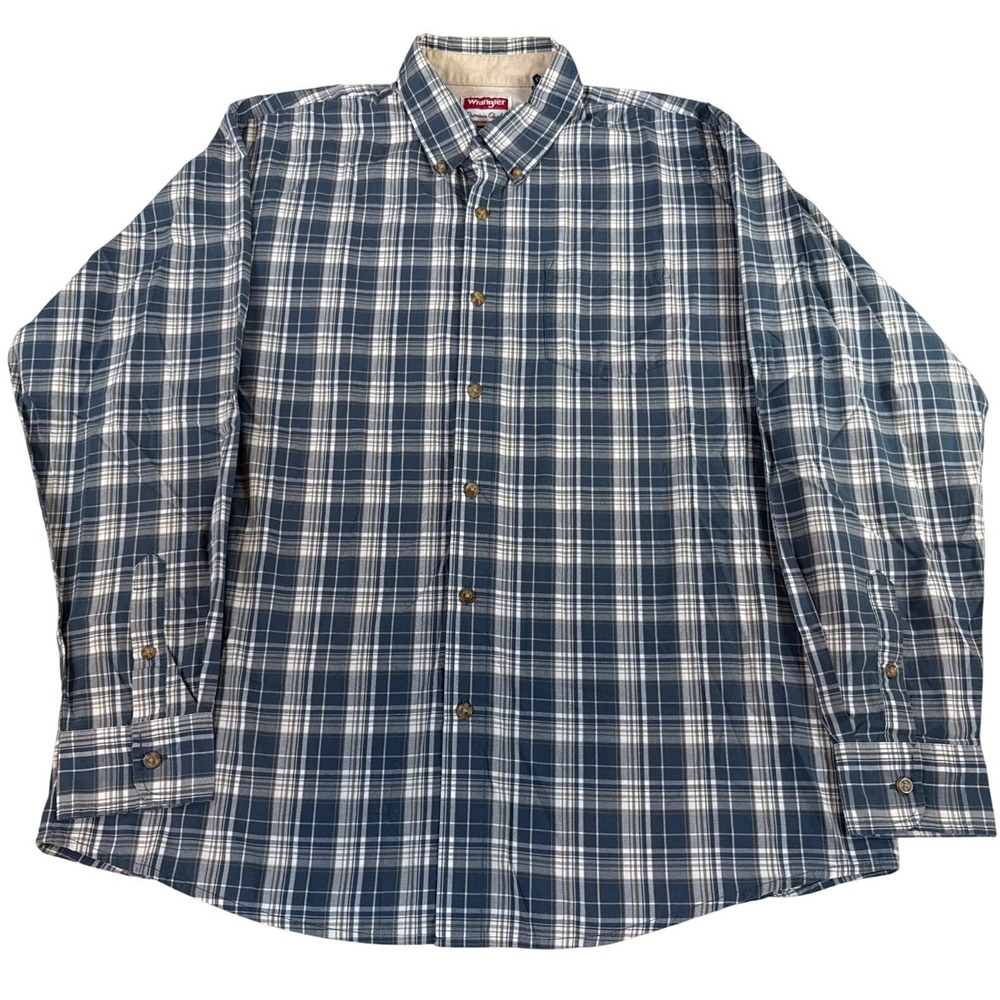 Wrangler Men Large Blue‎ Plaid Wrinkle Resist Western Work Button Down Shirt L
